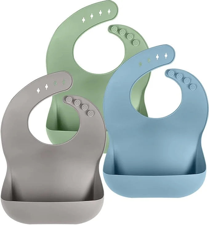 Adjustable Silicone Baby Bibs with Food Catcher – Set of 3