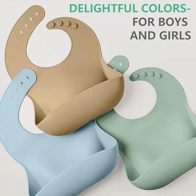 Adjustable Silicone Baby Bibs with Food Catcher – Set of 3