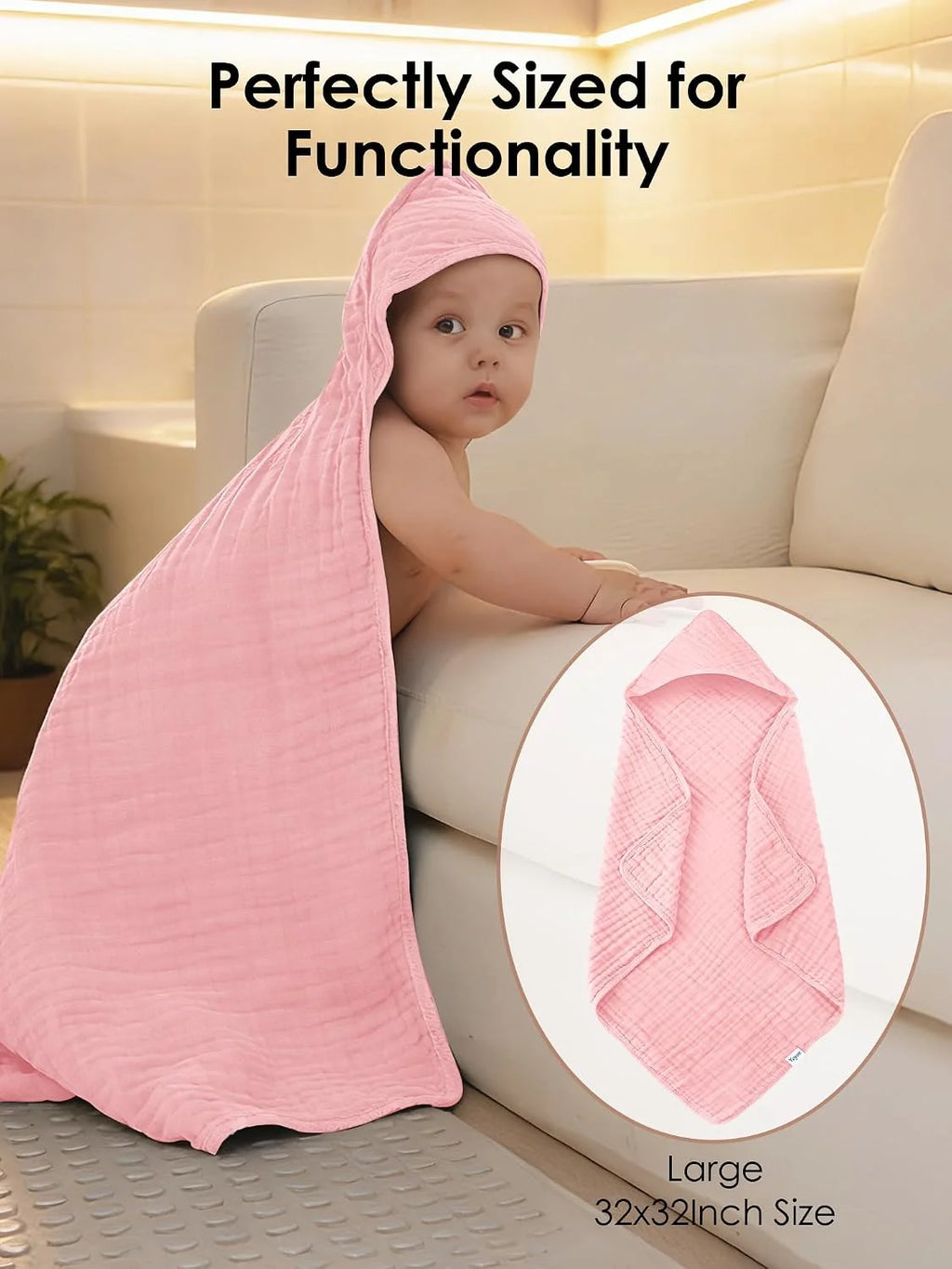 3-Pack Muslin Hooded Baby Bath Towels – 32 × 32 in