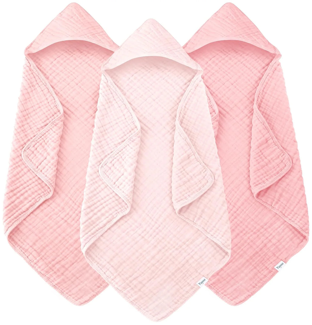 3-Pack Muslin Hooded Baby Bath Towels – 32 × 32 in