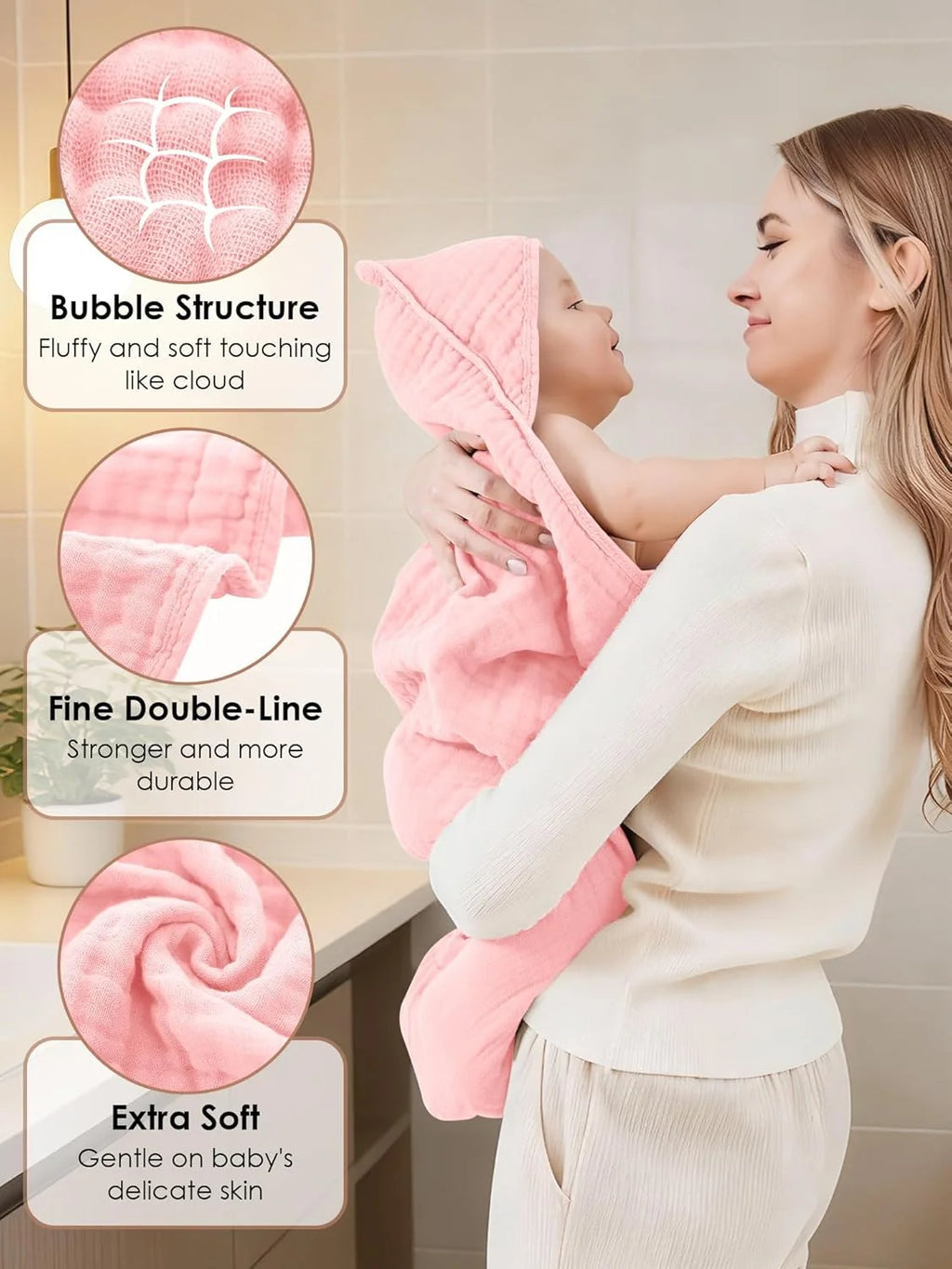 3-Pack Muslin Hooded Baby Bath Towels – 32 × 32 in