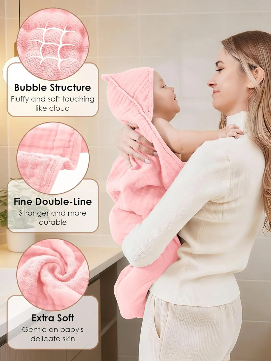 3-Pack Muslin Hooded Baby Bath Towels – 32 × 32 in