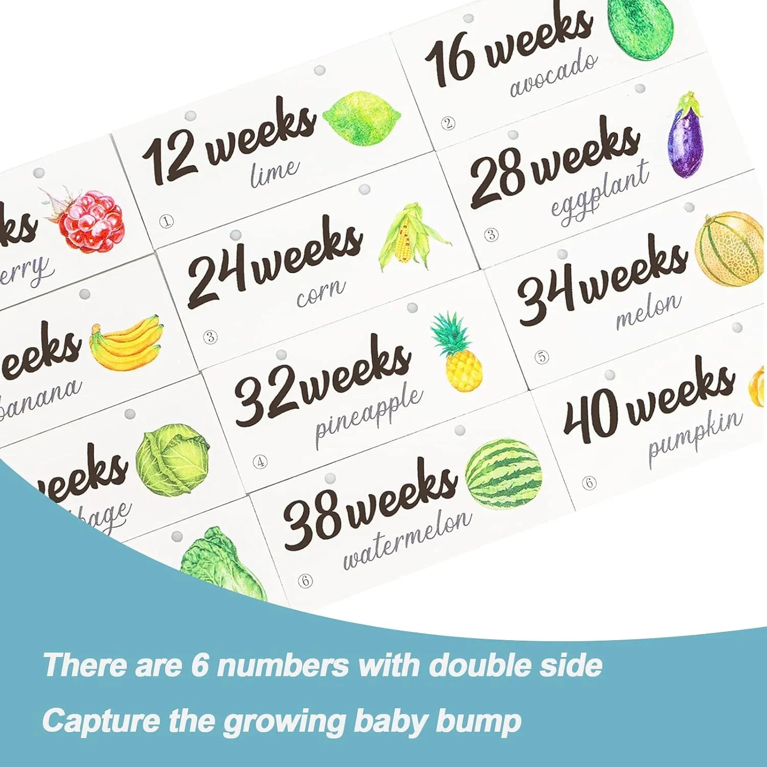 Pregnancy Milestone Cards with Weekly Fruit & Vegetable Baby Size Guide
