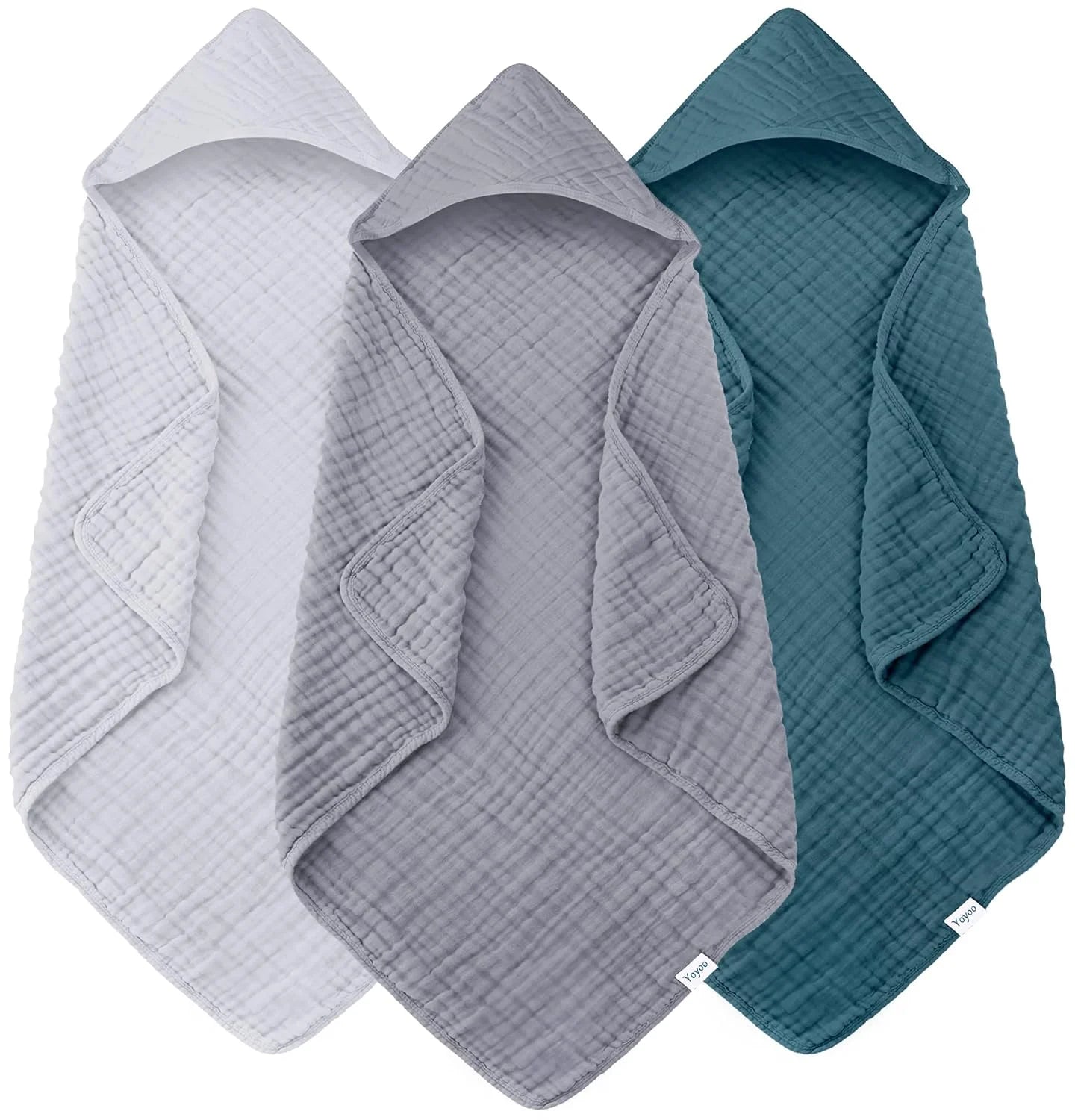 3-Pack Muslin Hooded Baby Bath Towels – 32 × 32 in