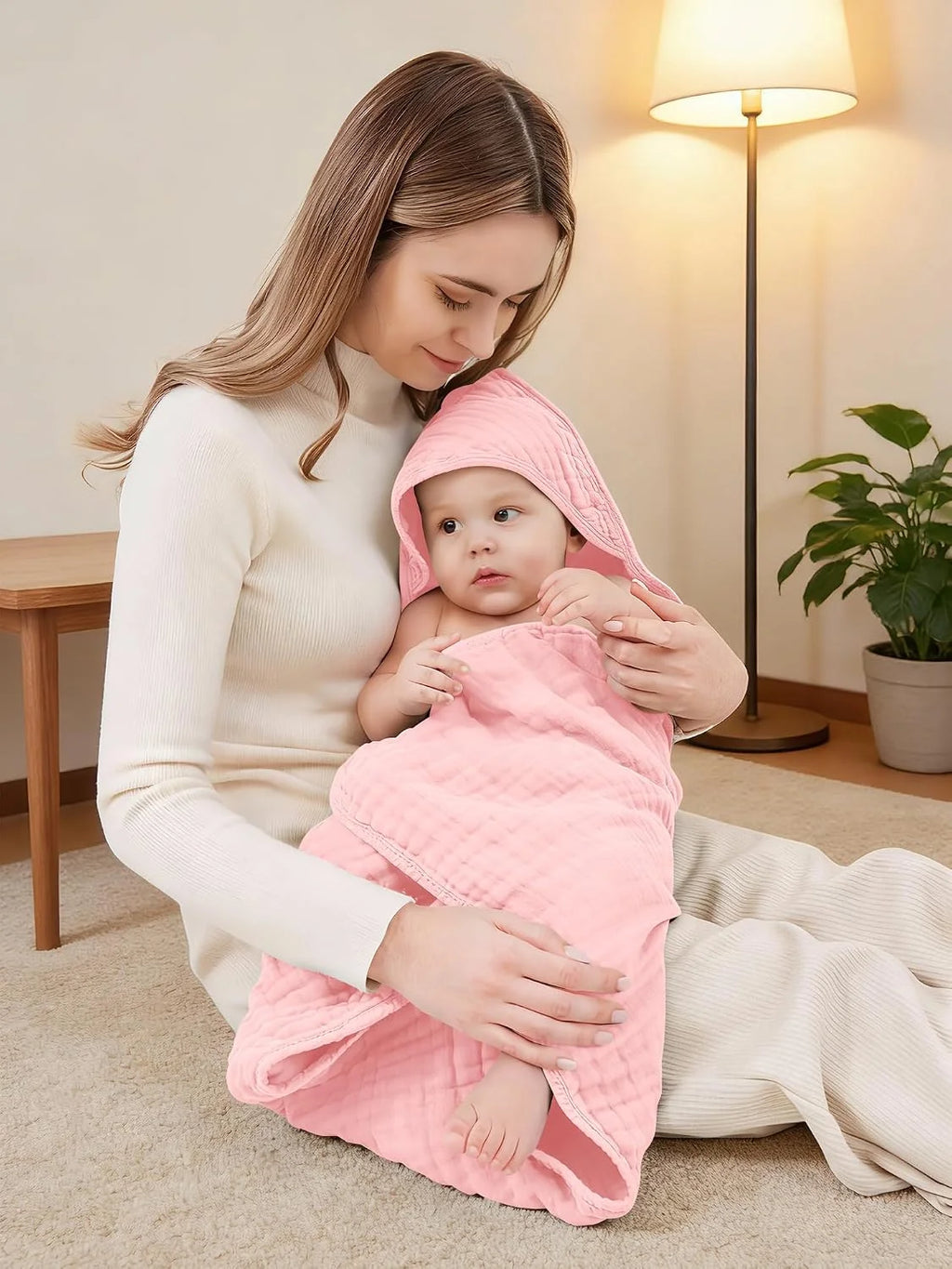 3-Pack Muslin Hooded Baby Bath Towels – 32 × 32 in