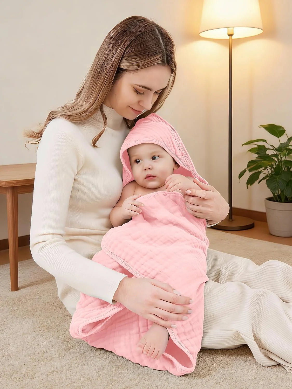 3-Pack Muslin Hooded Baby Bath Towels – 32 × 32 in