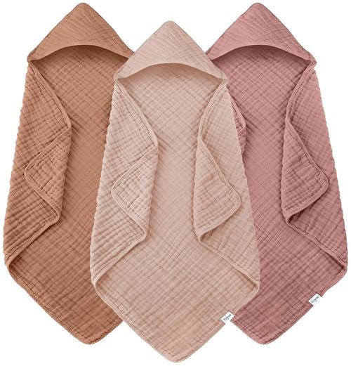 3-Pack Muslin Hooded Baby Bath Towels – 32 × 32 in