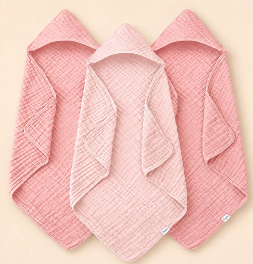 3-Pack Muslin Hooded Baby Bath Towels – 32 × 32 in